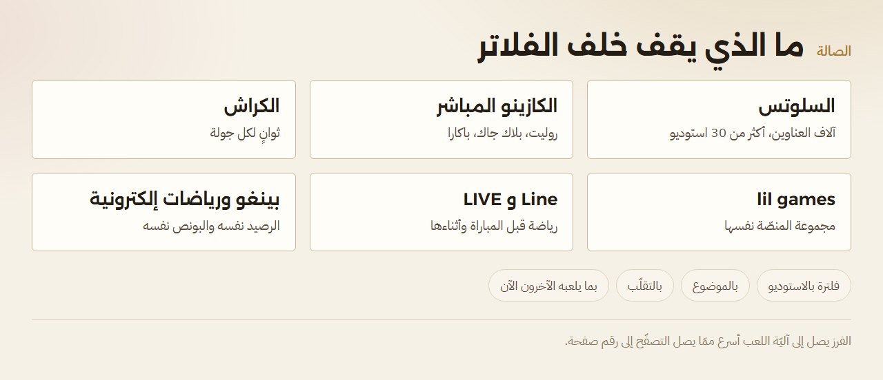 مخطّط صالة lilbet: الأقسام والفلاتر وعائلات الألعاب